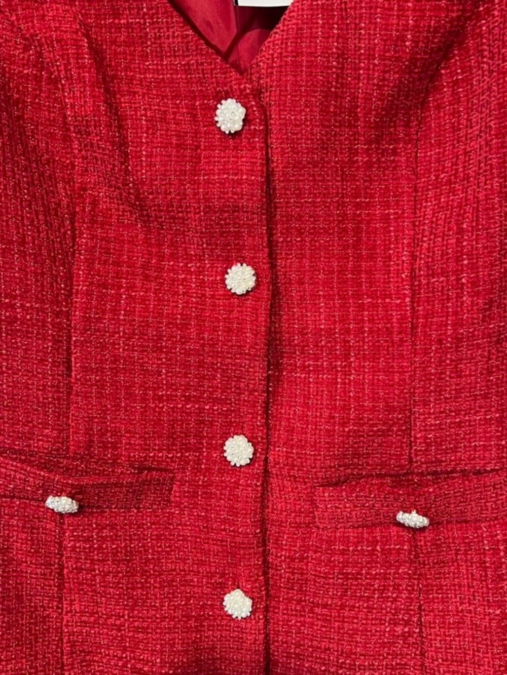 LUSH Red Short Sleeve Tweed Dress with Decorative Buttons - Picture 3 of 5